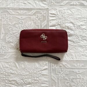 Guess Wine Red Zip-Around Wristlet Wallet with Black Strap